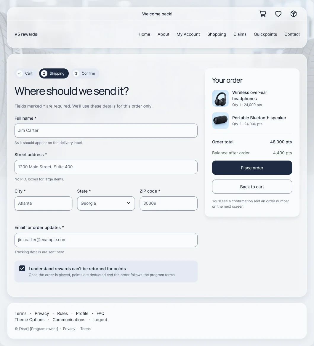Hi-fi checkout: progress steps, shipping fields, a policy acknowledgment checkbox, an order review card and Place order