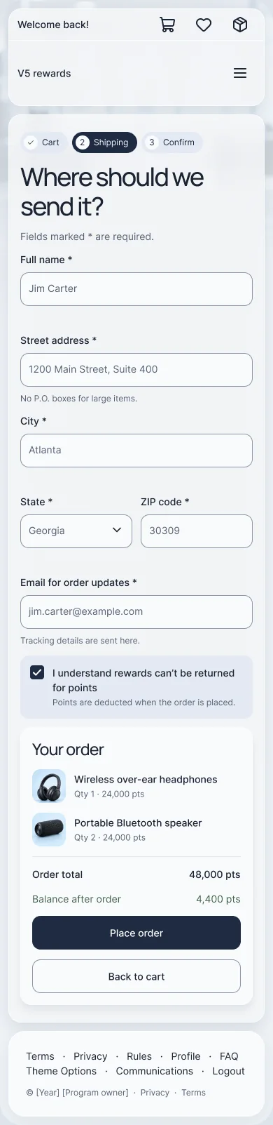 Hi-fi phone checkout with progress steps, shipping fields, a policy acknowledgment and an order review beside Place order