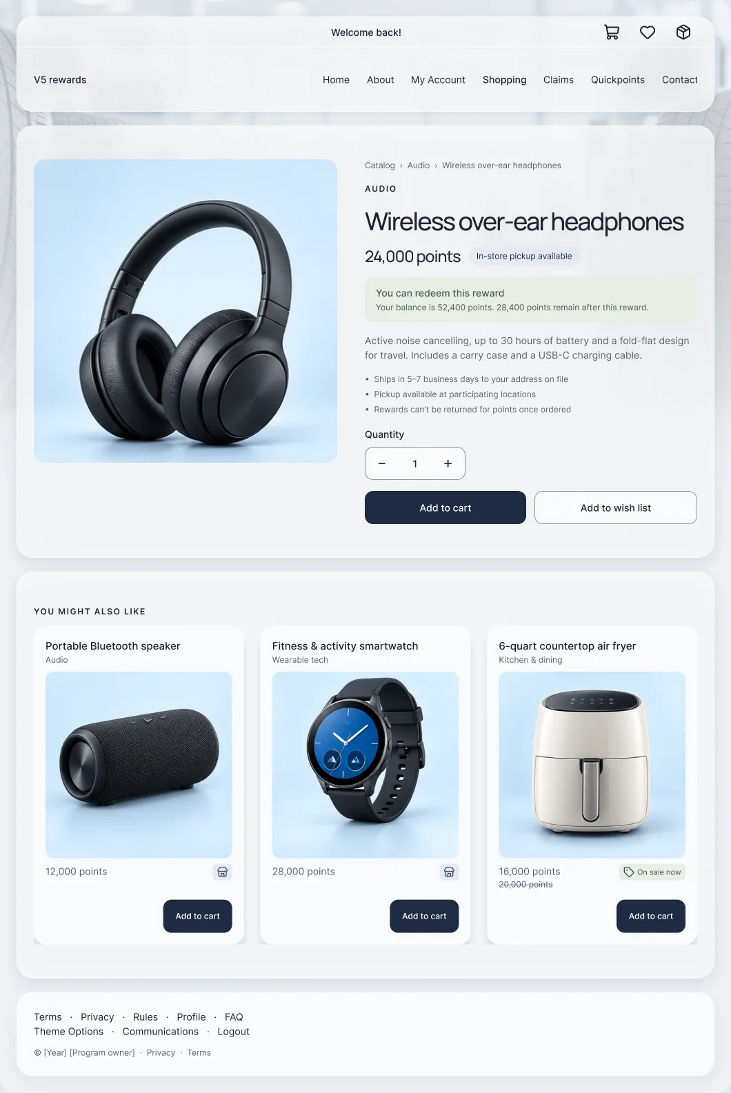 Hi-fi item detail: product image, points cost, pickup availability, a balance check showing the remaining points, quantity and Add to cart