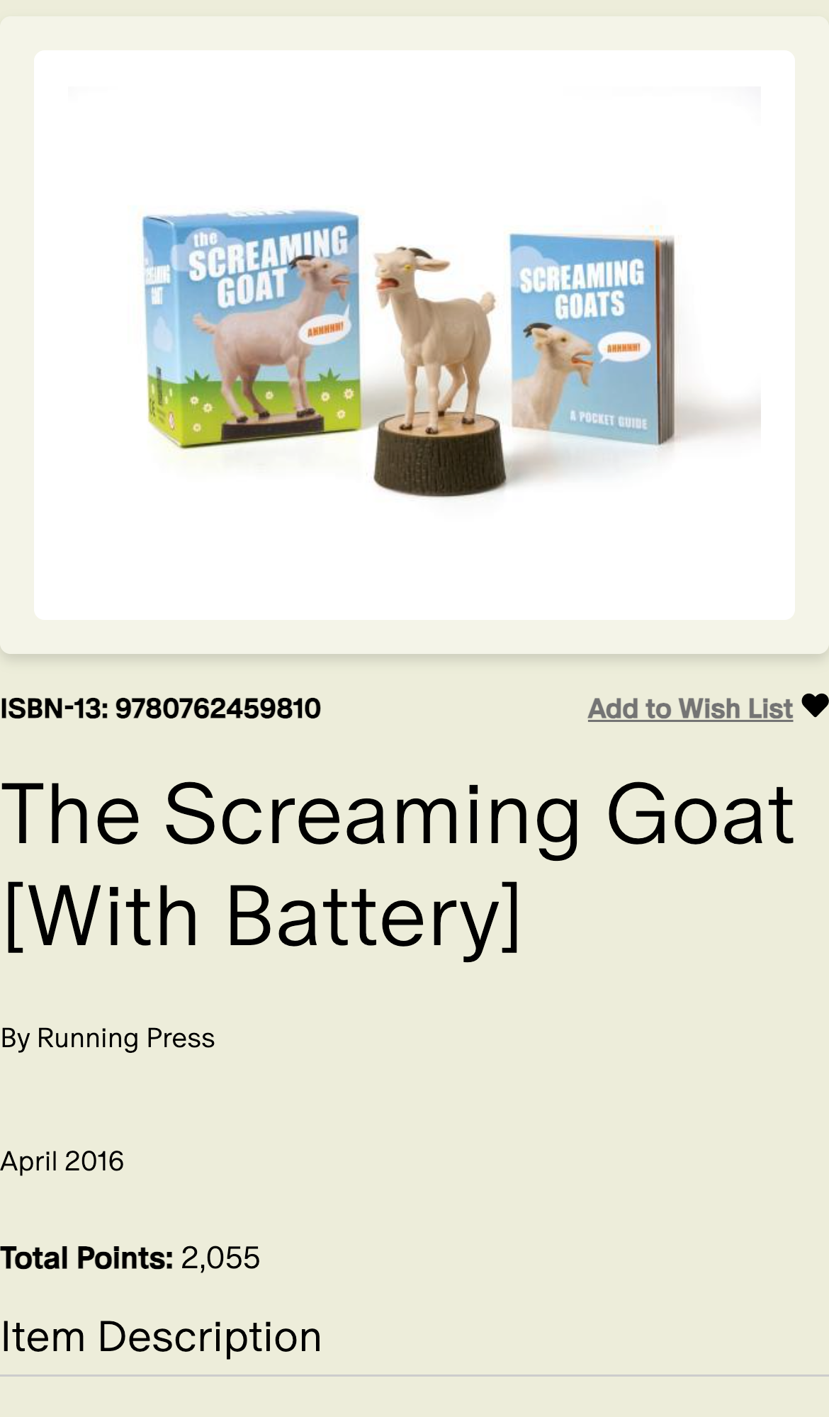 Historical item detail on a phone: product image above its title, points price and a long description.