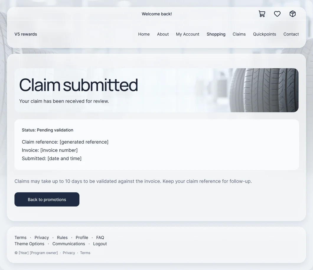 V5 claim submitted page showing pending validation status and a claim reference
