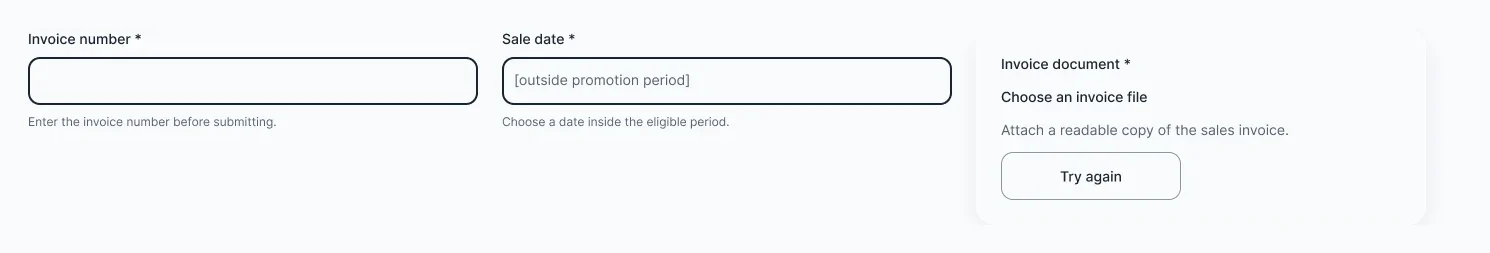 V5 validation states: a missing invoice number, a sale date outside the promotion period, and an invoice upload asking to try again.