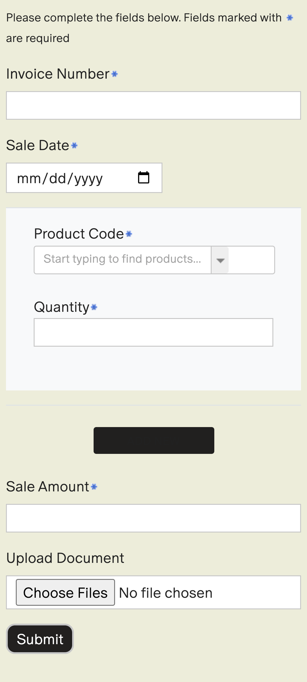 Historical mobile claim form with product and quantity stacked, then sale amount, upload and Submit.